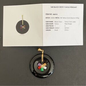 New 14K Yellow Gold Black Onyx with fancy color jade Flower pendant.